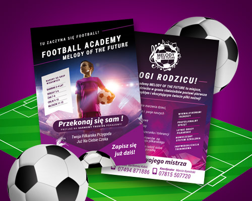 Projekt ulotki reklamowej dla akademii piłkarskiej dla dzieci – Football Academy Melody